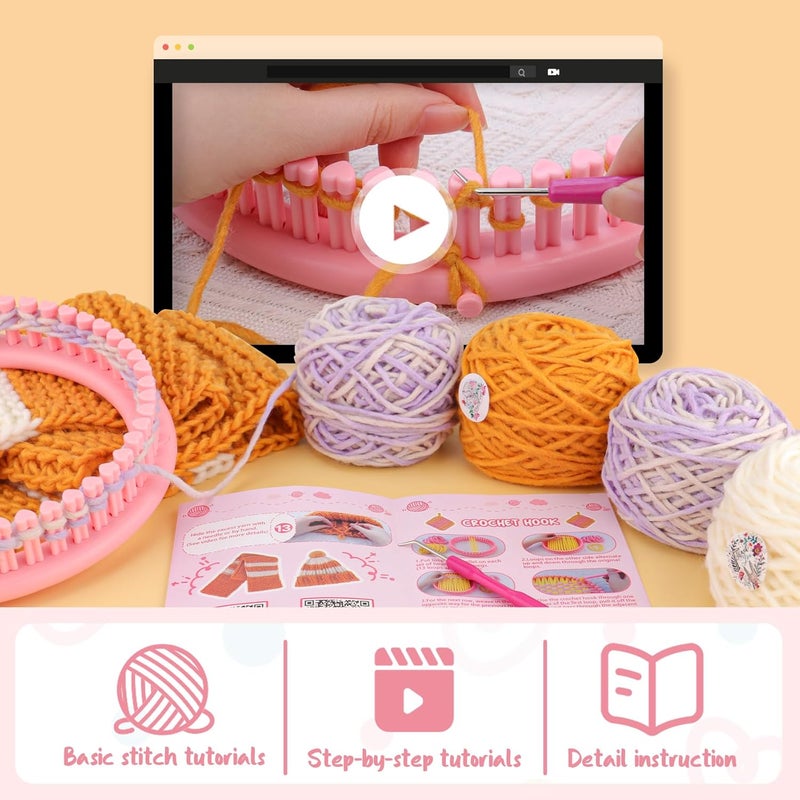 AHCo. . Knitting Loom Kit for Beginners, Creative Craft Toy for Girls Ages 7 8 9 10 11 12 with Storage Bags Yarns Knitting Tools, Fantastic DIY Gifts Knit Hat Scarf Coaster (Pink) - Image 3